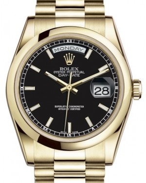 Rolex Day-Date 36 Yellow Gold Black Index Dial & Smooth Domed Bezel President Bracelet 118208 - BRAND NEW