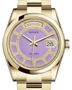 Rolex Day-Date 36 Yellow Gold Carousel of Lavender Jade Diamond Dial & Smooth Domed Bezel Oyster Bracelet 118208 - BRAND NEW
