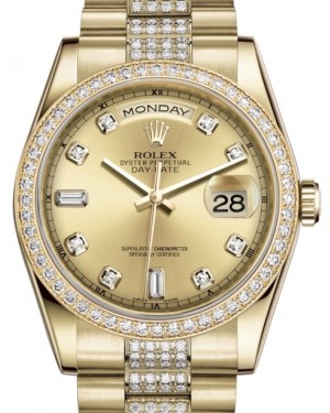 Rolex Day-Date 36 Yellow Gold Champagne Diamond Dial & Diamond Bezel Diamond Set President Bracelet 118348 - BRAND NEW
