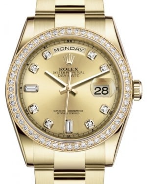Rolex Day-Date 36 Yellow Gold Champagne Diamond Dial & Diamond Bezel Oyster Bracelet 118348 - BRAND NEW