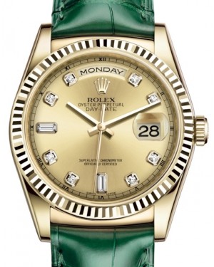 Rolex Day-Date 36 Yellow Gold Champagne Diamond Dial & Fluted Bezel Green Leather Strap 118138 - BRAND NEW