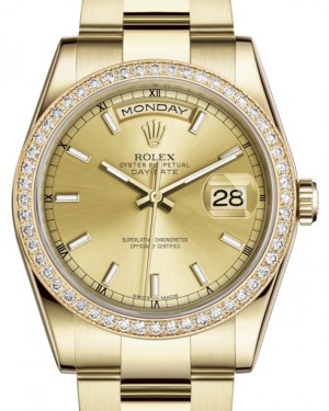 Rolex Day-Date 36 Yellow Gold Champagne Index Dial & Diamond Bezel Oyster Bracelet 118348 - BRAND NEW