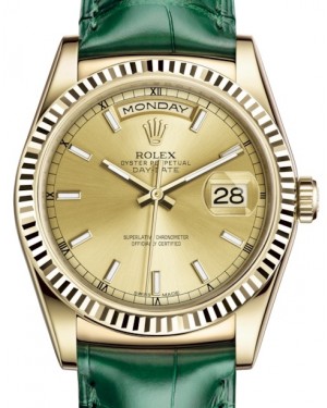 Rolex Day-Date 36 Yellow Gold Champagne Index Dial & Fluted Bezel Green Leather Strap 118138 - BRAND NEW