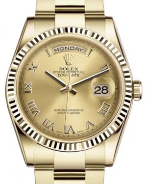 Rolex Day-Date 36 Yellow Gold Champagne Roman Dial & Fluted Bezel Oyster Bracelet 118238 - BRAND NEW