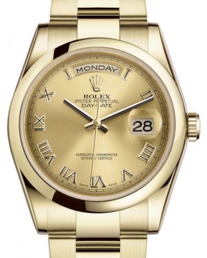 Rolex Day-Date 36 Yellow Gold Champagne Roman Dial & Smooth Domed Bezel Oyster Bracelet 118208 - BRAND NEW