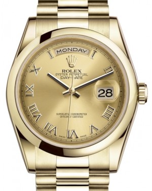 Rolex Day-Date 36 Yellow Gold Champagne Roman Dial & Smooth Domed Bezel President Bracelet 118208 - BRAND NEW