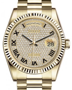 Rolex Day-Date 36 Yellow Gold Diamond Paved Roman Dial & Fluted Bezel President Bracelet 118238 - BRAND NEW