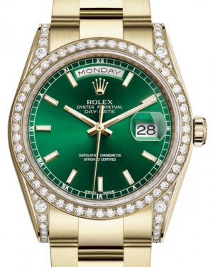 Rolex Day-Date 36 Yellow Gold Green Index Dial & Diamond Set Case & Bezel Oyster Bracelet 118388 - BRAND NEW