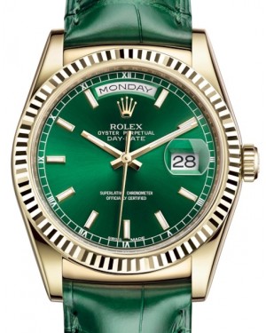 Rolex Day-Date 36 Yellow Gold Green Index Dial & Fluted Bezel Green Leather Strap 118138 - BRAND NEW