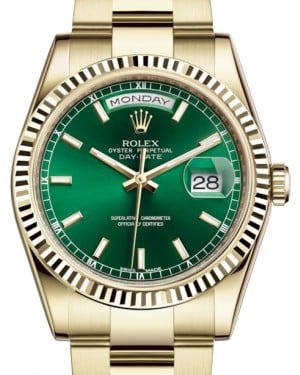 Rolex Day-Date 36 Yellow Gold Green Index Dial & Fluted Bezel Oyster Bracelet 118238 - BRAND NEW