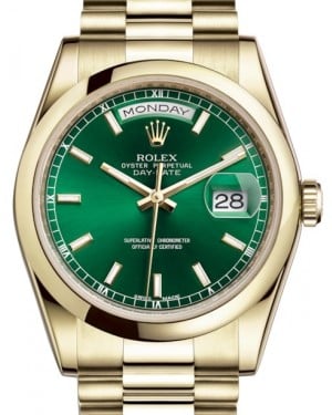 Rolex Day-Date 36 Yellow Gold Green Index Dial & Smooth Domed Bezel President Bracelet 118208 