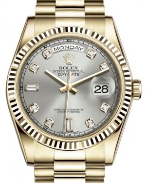 Rolex Day-Date 36 Yellow Gold Silver Diamond Dial & Fluted Bezel President Bracelet 118238 - BRAND NEW