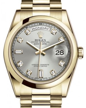 Rolex Day-Date 36 Yellow Gold Silver Diamond Dial & Smooth Domed Bezel President Bracelet 118208 - BRAND NEW