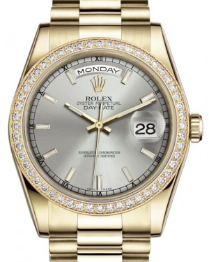Rolex Day-Date 36 Yellow Gold Silver Index Dial & Diamond Bezel President Bracelet 118348 - BRAND NEW