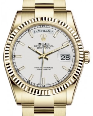 Rolex Day-Date 36 Yellow Gold White Index Dial & Fluted Bezel Oyster Bracelet 118238 - BRAND NEW