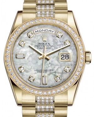 Rolex Day-Date 36 Yellow Gold White Mother of Pearl Diamond Dial & Diamond Bezel Diamond Set President Bracelet 118348 - BRAND NEW