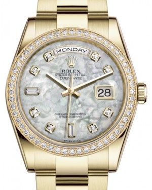 Rolex Day-Date 36 Yellow Gold White Mother of Pearl Diamond Dial & Diamond Bezel Oyster Bracelet 118348 - BRAND NEW