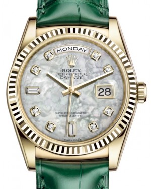 Rolex Day-Date 36 Yellow Gold White Mother of Pearl Diamond Dial & Fluted Bezel Green Leather Strap 118138 - BRAND NEW