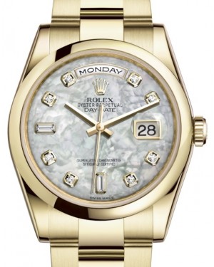 Rolex Day-Date 36 Yellow Gold White Mother of Pearl Diamond Dial & Smooth Domed Bezel Oyster Bracelet 118208 - BRAND NEW