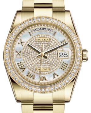 Rolex Day-Date 36 Yellow Gold White Mother of Pearl Diamond Paved Roman Dial & Diamond Bezel Oyster Bracelet 118348 - BRAND NEW