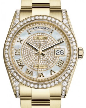 Rolex Day-Date 36 Yellow Gold White Mother of Pearl Diamond Paved Roman Dial & Diamond Set Case & Bezel Oyster Bracelet 118388 - BRAND NEW