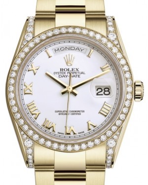 Rolex Day-Date 36 Yellow Gold White Roman Dial & Diamond Set Case & Bezel Oyster Bracelet 118388 - BRAND NEW