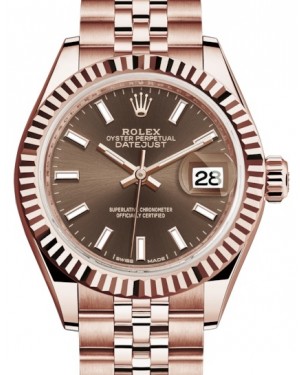 Rolex Lady Datejust 28 Rose Gold Chocolate Index Dial & Fluted Bezel Jubilee Bracelet 279175 - BRAND NEW