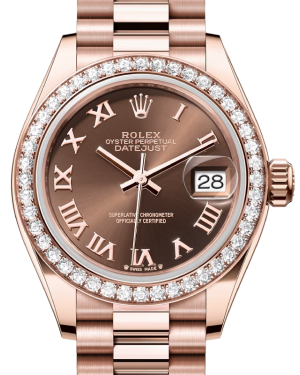 Rolex Lady Datejust 28 Rose Gold Chocolate Roman Dial & Diamond Bezel President Bracelet 279135RBR - BRAND NEW