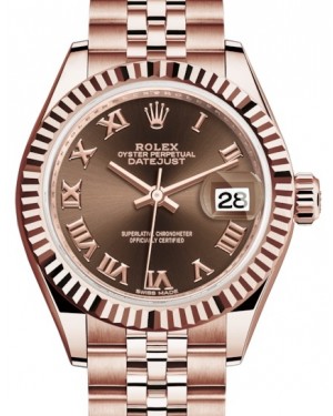 Rolex Lady Datejust 28 Rose Gold Chocolate Roman Dial & Fluted Bezel Jubilee Bracelet 279175 - BRAND NEW
