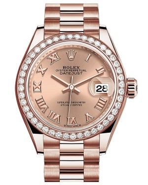 Rolex Lady Datejust 28 Rose Gold Rose Roman Dial & Diamond Bezel President Bracelet 279135RBR - BRAND NEW