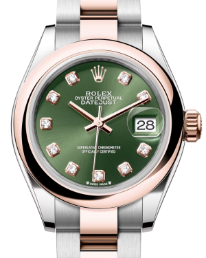 Rolex Lady Datejust 28 Rose Gold/Steel Olive Green Diamond Dial & Smooth Domed Bezel Oyster Bracelet 279161 - BRAND NEW