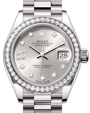 Rolex Lady Datejust 28 White Gold Silver Diamond IX Dial & Diamond Bezel President Bracelet 279139RBR - BRAND NEW