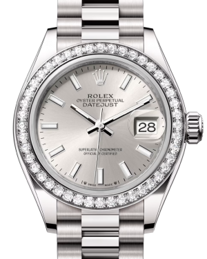 Rolex Lady Datejust 28 White Gold Silver Index Dial & Diamond Bezel President Bracelet 279139RBR - BRAND NEW