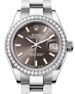 Rolex Lady Datejust 28 White Gold/Steel Dark Grey Index Dial & Diamond Bezel Oyster Bracelet 279384RBR - BRAND NEW