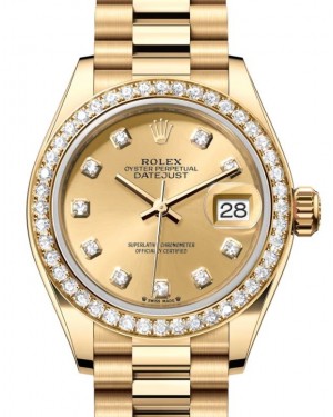 Rolex Lady Datejust 28 Yellow Gold Champagne Diamond Dial & Diamond Bezel President Bracelet 279138RBR - BRAND NEW