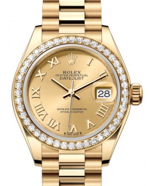 Rolex Lady Datejust 28 Yellow Gold Champagne Roman Dial & Diamond Bezel President Bracelet 279138RBR - BRAND NEW