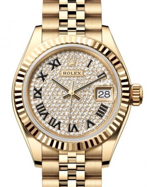 Rolex Lady Datejust 28 Yellow Gold Diamond Paved Roman Dial & Fluted Bezel Jubilee Bracelet 279178 - BRAND NEW