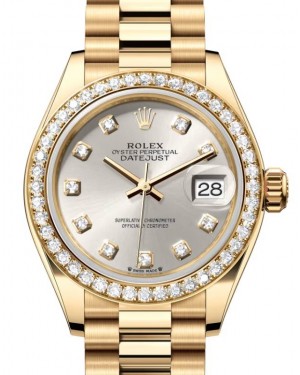 Rolex Lady Datejust 28 Yellow Gold Silver Diamond Dial & Diamond Bezel President Bracelet 279138RBR - BRAND NEW
