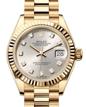 Rolex Lady Datejust 28 Yellow Gold Silver Diamond Dial & Fluted Bezel President Bracelet 279178 - BRAND NEW