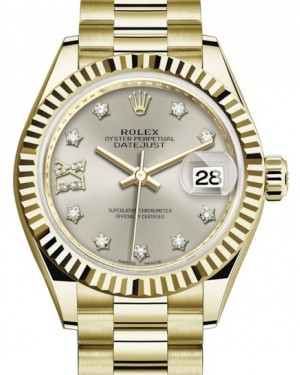 Rolex Lady Datejust 28 Yellow Gold Silver Diamond IX Dial & Fluted Bezel President Bracelet 279178 - BRAND NEW