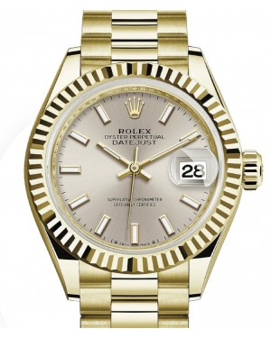 Rolex Lady Datejust 28 Yellow Gold Silver Index Dial & Fluted Bezel President Bracelet 279178 - BRAND NEW