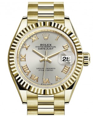 Rolex Lady Datejust 28 Yellow Gold Silver Roman Dial & Fluted Bezel President Bracelet 279178 - BRAND NEW