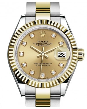 Rolex Lady Datejust 28 Yellow Gold/Steel Champagne Diamond Dial & Fluted Bezel Oyster Bracelet 279173 - BRAND NEW