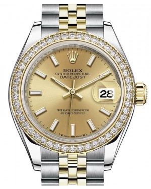 Rolex Lady Datejust 28 Yellow Gold/Steel Champagne Index Dial & Diamond Bezel Jubilee Bracelet 279383RBR - BRAND NEW
