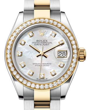 Rolex Lady Datejust 28 Yellow Gold/Steel White Mother of Pearl Diamond Dial & Diamond Bezel Oyster Bracelet 279383RBR - BRAND NEW