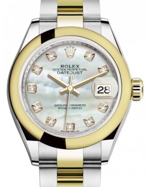 Rolex Lady Datejust 28 Yellow Gold/Steel White Mother of Pearl Diamond Dial & Smooth Domed Bezel Oyster Bracelet 279163 - BRAND NEW