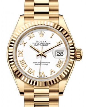 Rolex Lady Datejust 28 Yellow Gold White Roman Dial & Fluted Bezel President Bracelet 279178 - BRAND NEW