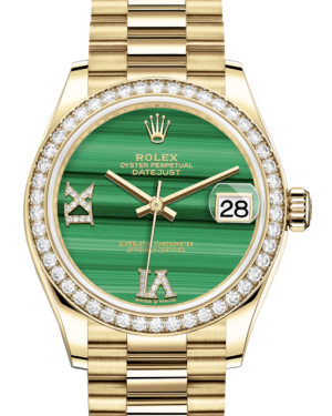 Rolex Lady-Datejust 31 Yellow Gold Malachite Roman Diamond VI Dial & Diamond Bezel President Bracelet 278288RBR - BRAND NEW