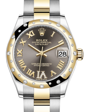 Rolex Lady-Datejust 31 Yellow Gold/Steel Dark Grey Roman Diamond VI Dial & Domed Set with Diamonds Bezel Oyster Bracelet 278343RBR - BRAND NEW