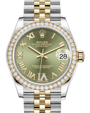 Rolex Lady-Datejust 31 Yellow Gold/Steel Olive Green Roman Diamond VI Dial & Diamond Bezel Jubilee Bracelet 278383RBR - BRAND NEW